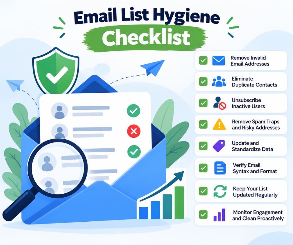 Email list hygiene checklist covering verification, authentication, double opt-in, and re-engagement.