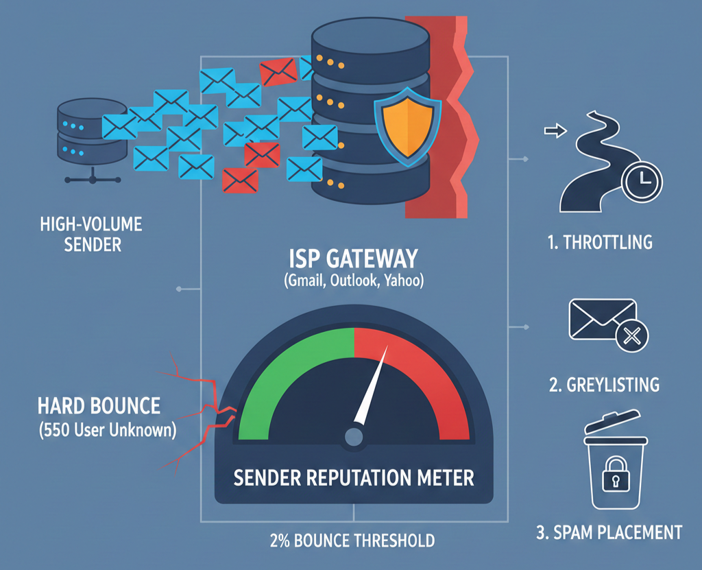 Hard bounces damage sender reputation, leading to throttling, greylisting, and spam placement.